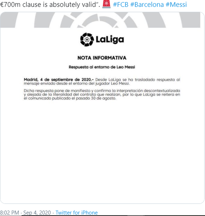 Pernyataan dari LaLiga terkait klausul pelepasan Lionel Messi yang bernilai 700 juta euro.