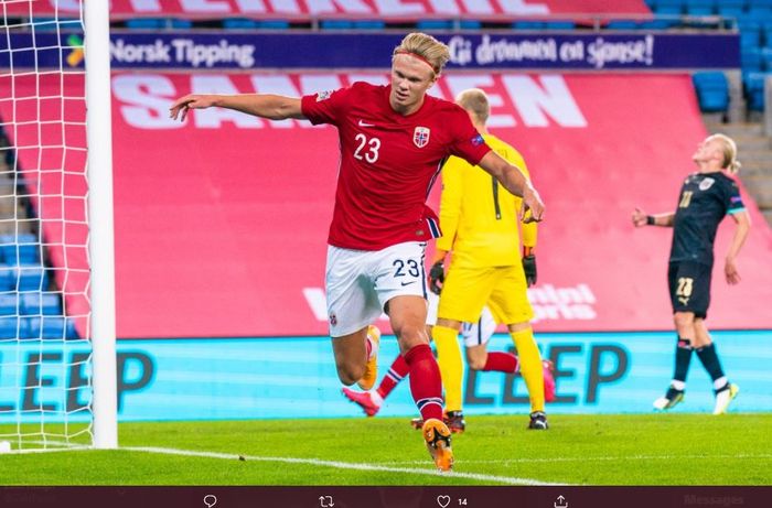Erling Haaland mencetak gol ke gawang Irlandia Utara pada ajang UEFA Nations League 2020.