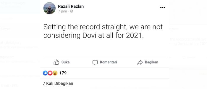 Status Kepala Tim Petronas Yamaha SRT, Razlan Razali, di Facebook. Razali membantah rumor yang mengaitkan timnya dengan Andrea Dovizioso.