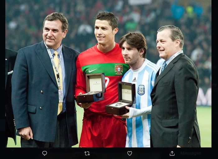 Cristiano Ronaldo dan Lionel Messi saat bertemu dalam duel persahabatan antara Portugal vs Argentina di Swiss pada 2011.