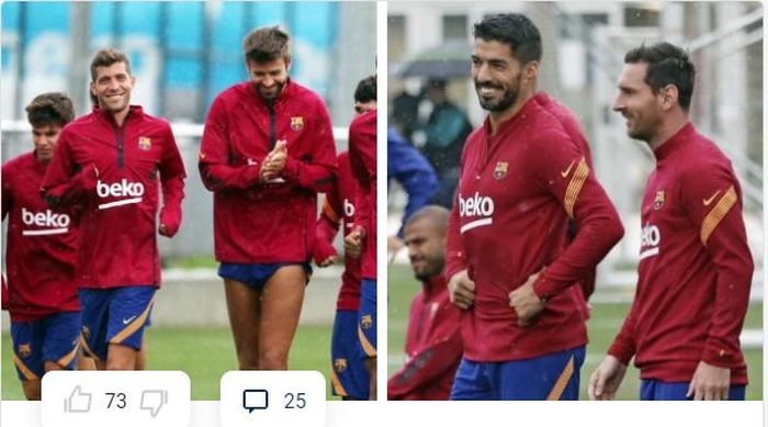 Para pemain Barcelona tersenyum saat menjalani sesi latihan, Rabu (9/9/2020), termasuk Luis Suarez dan Lionel Messi.