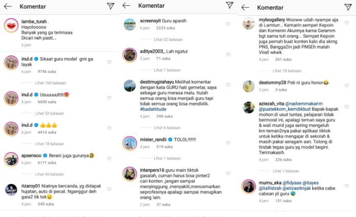 Komentar di laman Instagram Lambe Turah