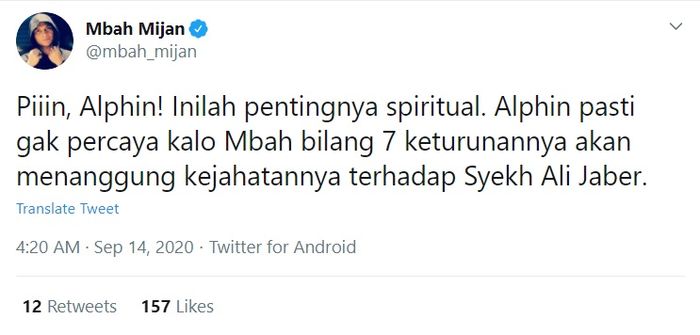 Tangkap layar Twitter Mbah Mijan