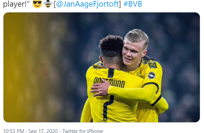 Dua pemain Borussia Dortmund, Erling Haaland dan Jadon Sancho.