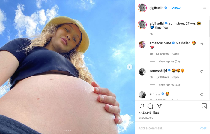 Gigi Hadid memamerkan perut buncitnya saat kehamilan memasuki usia 27 minggu
