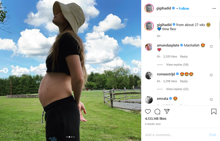 Gigi Hadid memamerkan perut buncitnya saat kehamilan memasuki usia 27 minggu
