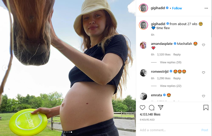 Gigi Hadid memamerkan perut buncitnya saat kehamilan memasuki usia 27 minggu