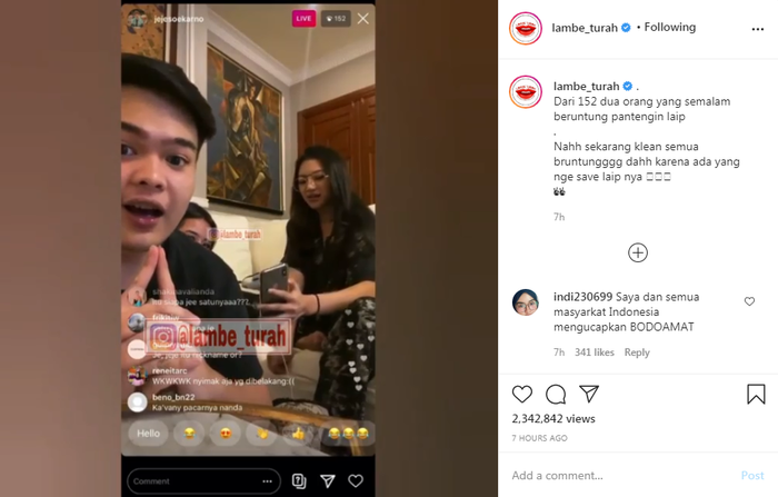 Jeje Soekarno dan Shakilla Astari saat live Instagram.