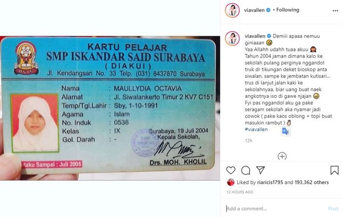 Kartu pelajar Via Vallen saat zaman SMP