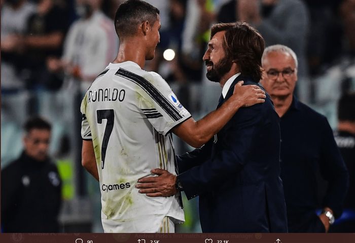 Momen Cristiano Ronaldo dan Andrea Pirlo pascalaga Juventus kontra Sampdoria di Allianz Stadium, Minggu (20/9/2020).