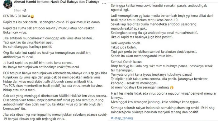 Postingan akun Ahmda Hamid soal rapid test dan PCR.