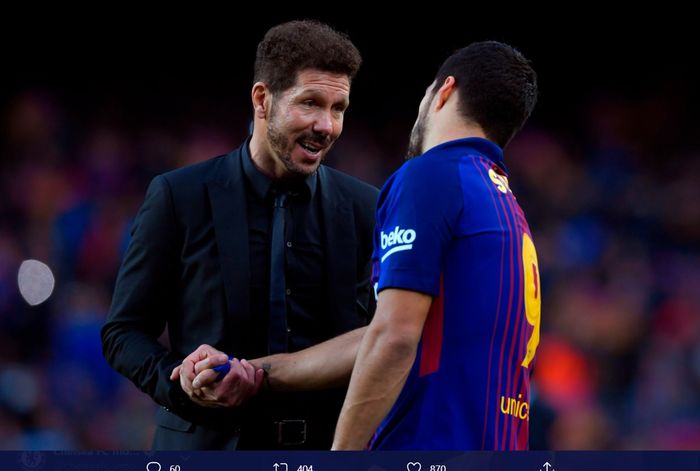 Momen kebersamaan Diego Simeone dan Luis Suarez pada laga Barcelona kontra Atletico Madrid di Liga Spanyol.