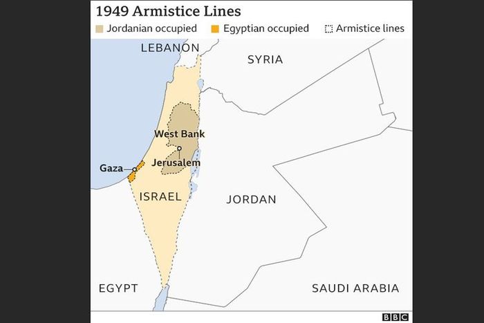 Garis gencatan senjata Israel 1949. Batas itu kemudian dikenal sebagai Jalur Gaza (diduduki oleh Mesir) dan Yerusalem Timur dan Tepi Barat (diduduki oleh Yordania).