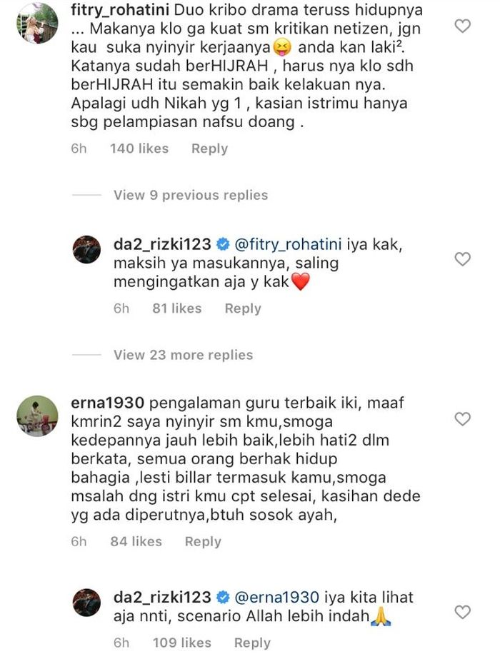 Jawaban Rizki DA atas komentar netizen