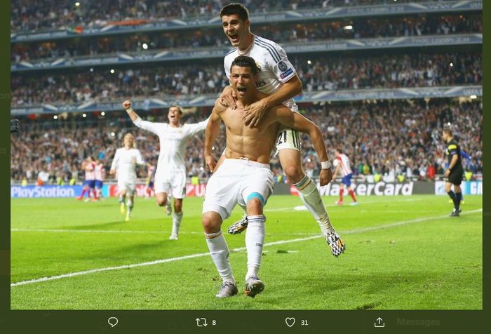 Alvaro Morata ikut merayakan gol Cristiano Ronaldo saat sama-sama masih membela Real Madrid.