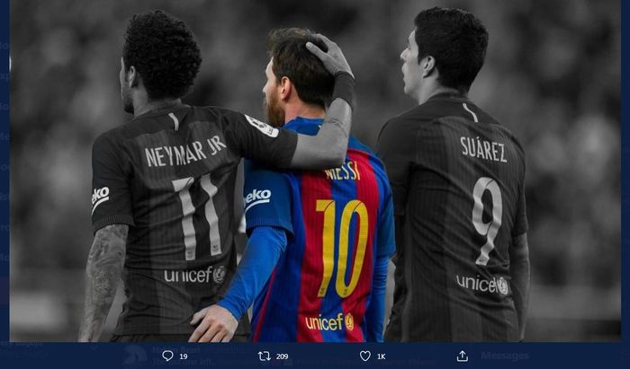 Lionel Messi diapit Luis Suarez dan Neymar saat masih sama-sama membela Barcelona.