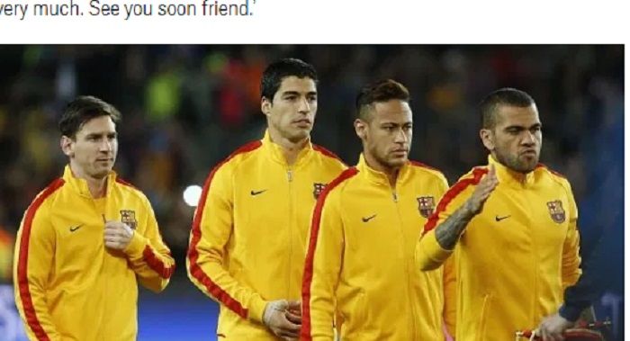 Lionel Messi (kiri) bersama mantan rekan setimnya di Barcelona; Luis Suarez, Neymar, dan Dani Alves. 