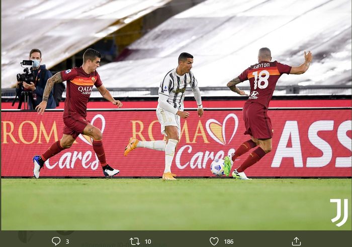 Cristiano Ronaldo dalam laga AS Roma vs Juventus di Liga Italia, Minggu (27/9/2020).