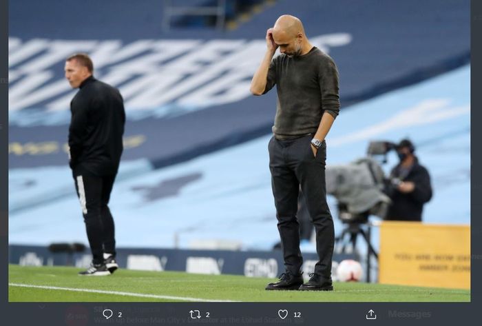 Reaksi pelatih Manchester City, Pep Guardiola, dalam duel Liga Inggris kontra Leicester City di Etihad Stadium, 27 September 2020.