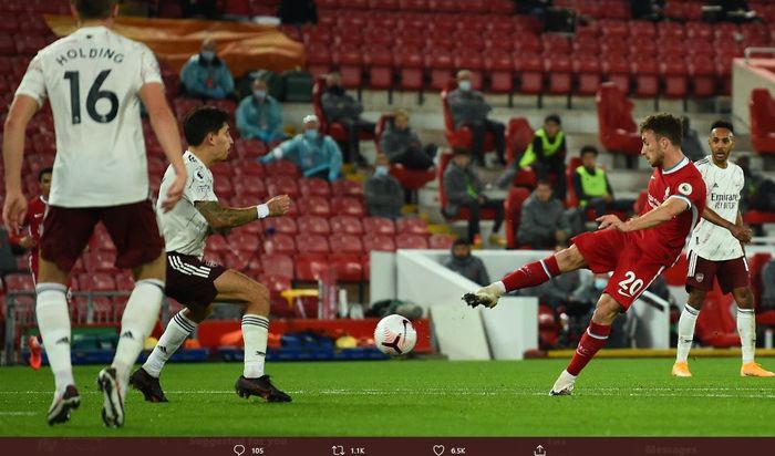 Diogo Jota berhasil mencetak gol debutnya untuk Liverpool ke gawang Arsenal pada pekan ketiga Liga Inggris 2020-2021, Selasa (29/9/2020) dini hari WIB.