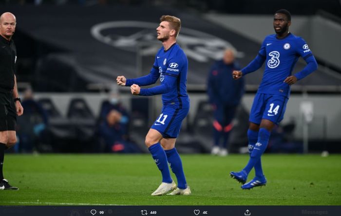 Timo Werner merayakan gol debutnya untuk Chelsea ke gawang Tottenham Hotspur.