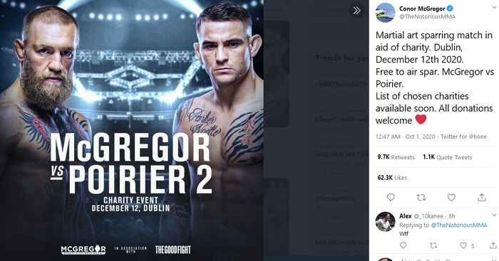 Poster pertandingan amal antara Conor McGregor dan Dustin Poirier di Dublin, Republik Irlandia, pada 12 Desember 2020.