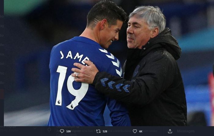 James Rodriguez dan Carlo Ancelotti, kunci kebangkitan Everton di awal musim ini.