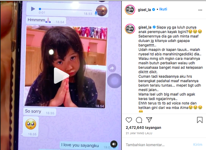Gisel ungkap pesan suara dari Gempi