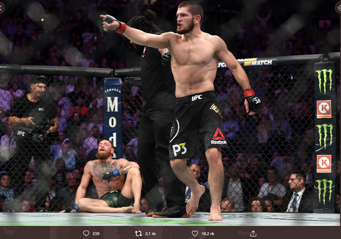 Khabib Nurmagomedov (berdiri) berhasil memenangkan pertarungan melawan Conor McGregor pada ajang UFC 229 di Las Vegas, Amerika Serikat, 6 Oktober 2018.