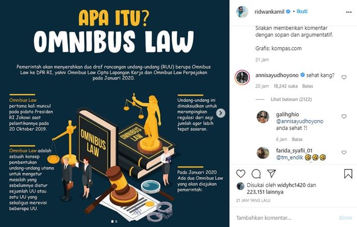 Annisa Pohan banjir nyinyiran usai diduga sentil Ridwan Kamil yang komentari soal UU Cipta Kerja.