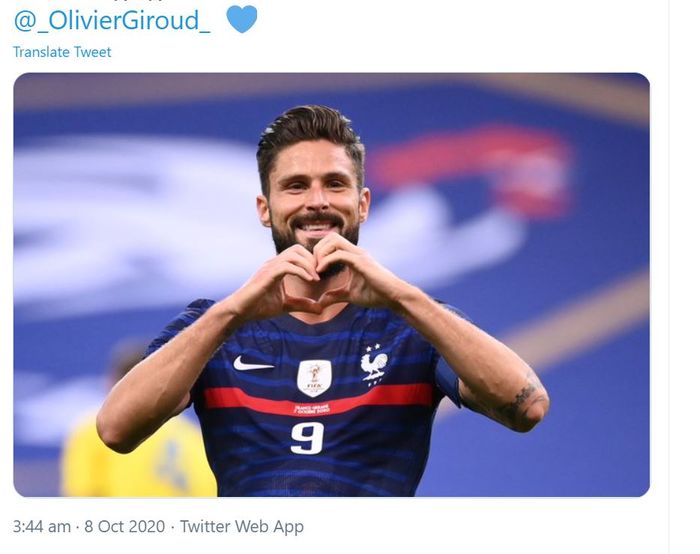 Olivier Giroud dalam laga Prancis Vs Ukraina di Stade de France, Rabu (7/10/2020).