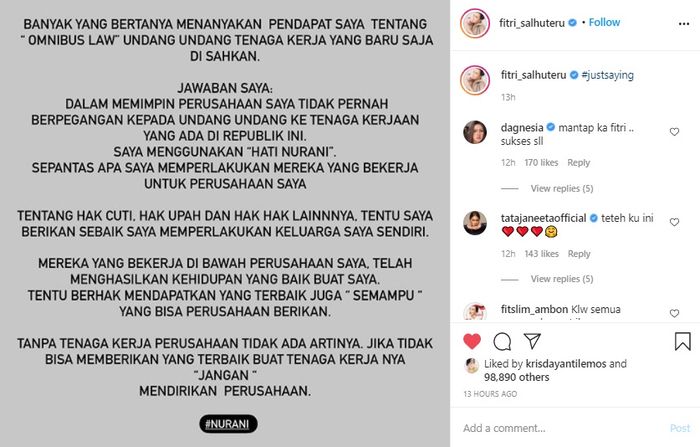 Fitri Salhuteru banjir pujian usai komentari UU Cipta Kerja.