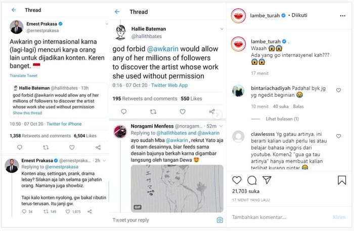 Cuitan Ernest Prakasa di Twitter terkait Awkarin yang lagi-lagi kepergok pakai desain orang lain tanpa izin