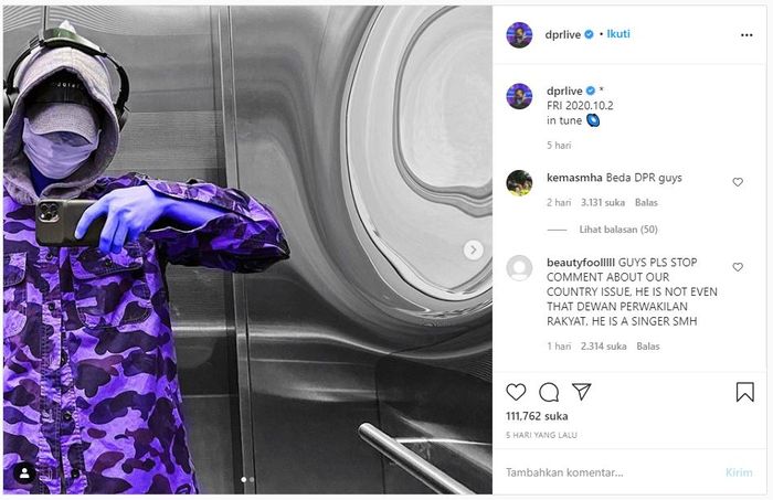 Tangkapan unggahan akun Instagram @dprlive yang jadi bulan-bulanan hujatan netizen hanya karena memiliki username mirip DPR