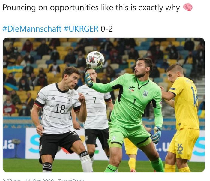 Gelandang timnas Jerman, Leon Goretzka saat mencetak gol ke gawang Ukraina dalam laga UEFA Nations Leafue Liga A Grup 4 Stadion NSK Olimpiyskiy, Kyiv, Ukraina pada Sabtu (10/10/2020) atau Minggu dini hari WIB.