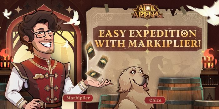 AFK Arena collaborates with YouTuber 'Markiplier' and his dog 'Chica' to become in-game NPCs.
