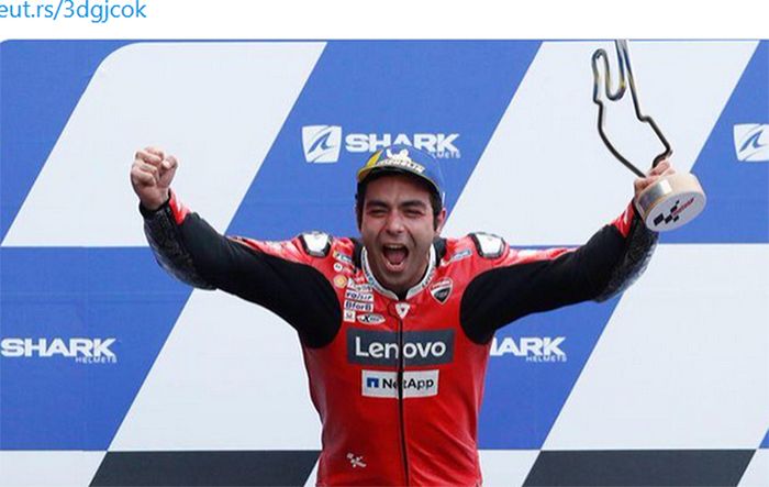 Pembalap Ducati, Danilo Petrucci, memenangi balapan MotoGP Prancis di Sirkuit Bugatti, Le Mans, Prancis, 11 Oktober 2020.