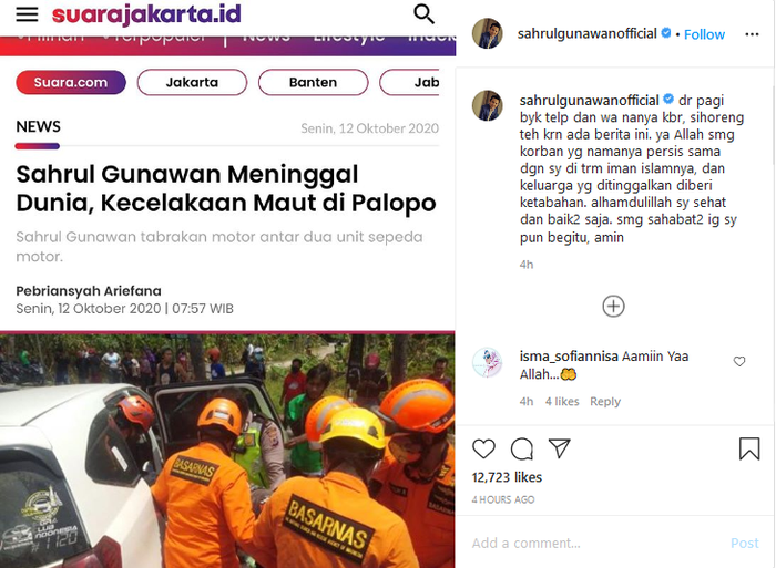 Unggahan konfirmasi Sahrul Gunawan tentang kecelakaan di Palopo