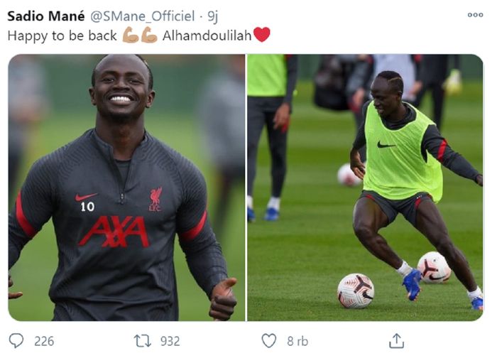 Sadio Mane menampilkan foto dirinya berlatih dengan seragam Liverpool melalui akun Twitter untuk mengabarkan telah negatif Covid-19 dan siap beraksi lagi.