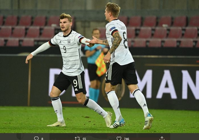Timo Werner merayakan gol yang dicetaknya dalam laga Jerman vs Swiss di UEFA Nations League, Selasa (13/10/2020) di Koeln.
