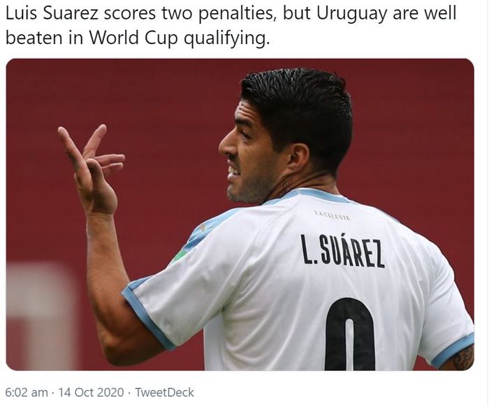 Luis Suarez saat Uruguay harus kalah 2-4 dari tuan rumah Ekuador dalam matchday kedua Kualifikasi Piala Dunia 2022 zona Conmebol (Amerika Selatan) di Estadio Rodrigo Paz Delgado, Quito, Ekuador pada Selasa (13/10/2020) malam atau Rabu pagi WIB. 