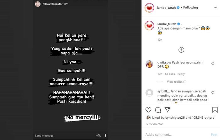 Postingan Olla Ramlan itu dibagikan ulang oleh akun gosip di Instagram @lambe_turah, Kamis (15/10/2020).