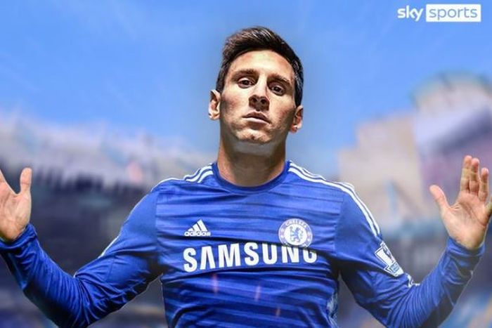 Megabintang Barcelona asal Argentina, Lionel Messi, diilustrasikan memakai kostum Chelsea.