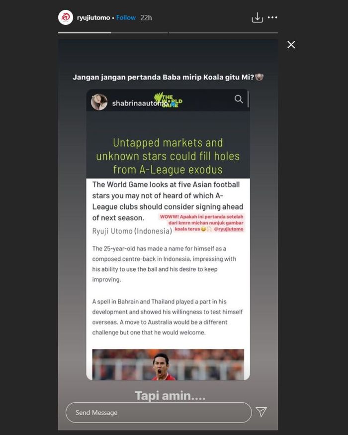 Bek Persija Jakarta, Ryuji Utomo tak menampik kemungkinan dirinya disebut cocok berkarir di Liga Australia oleh salah satu media asal negeri Kangguru tersebut.