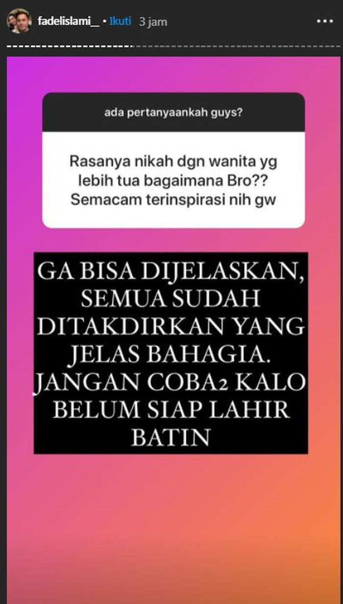 Balasan Fadel Islami untuk netizen yang ingin mengikuti jejaknya menikahi wanita lebih tua (Instagram/fadelislami_)