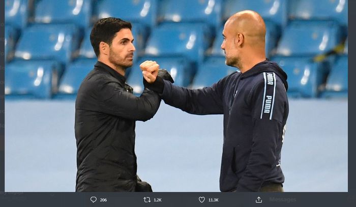 Pelatih Arsenal, Mikel Arteta (kiri), bersua kembali dengan eks mentornya, Pep Guardiola, yang menukangi Manchester City.