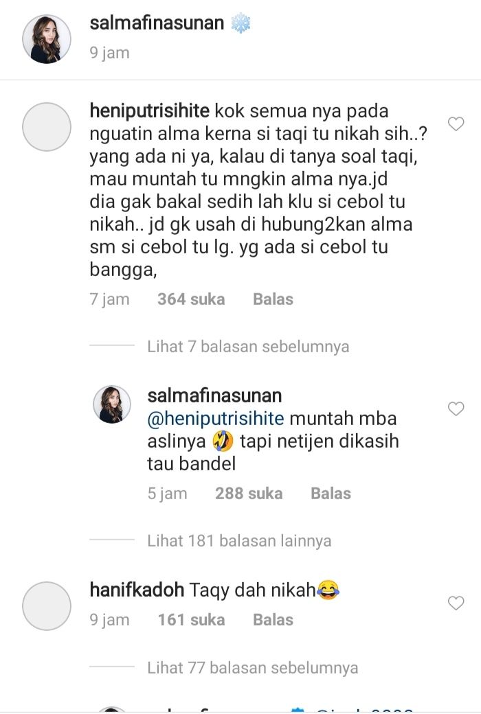 Seorang netizen tampak membela Salmafina Sunan agar netizen tak lagi mengaitkannya dengan Taqy Malik dan Sherel Thalib.