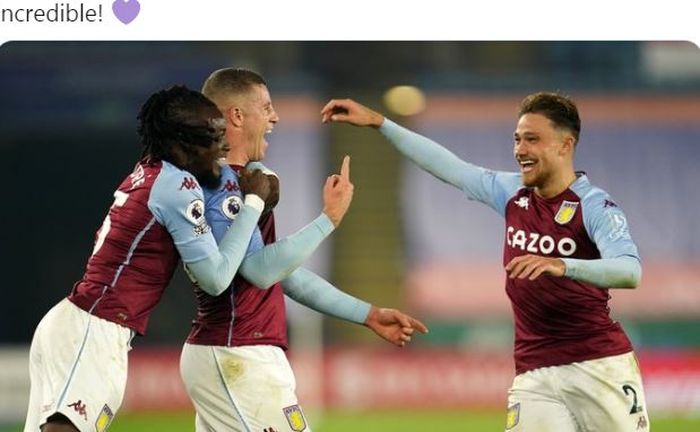 Gelandang Aston Villa, Ross Barkley (tengah), merayakan gol ke gawang Leicester City dalam laga Liga Inggris di Stadion King Power, Minggu (18/10/2020).