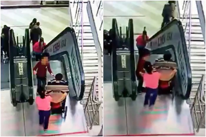 Bocah berbaju pink berusaha mendorong kereta bayi ke eskalator