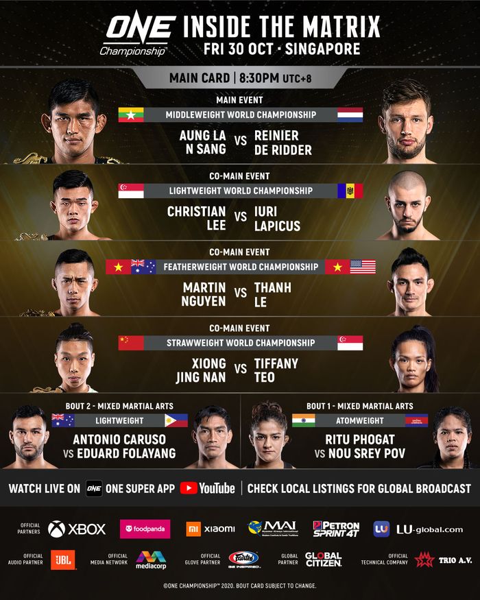 Daftar pertarungan ONE Championship: Inside the Matrix yang akan digelar pada 30 September 2020.